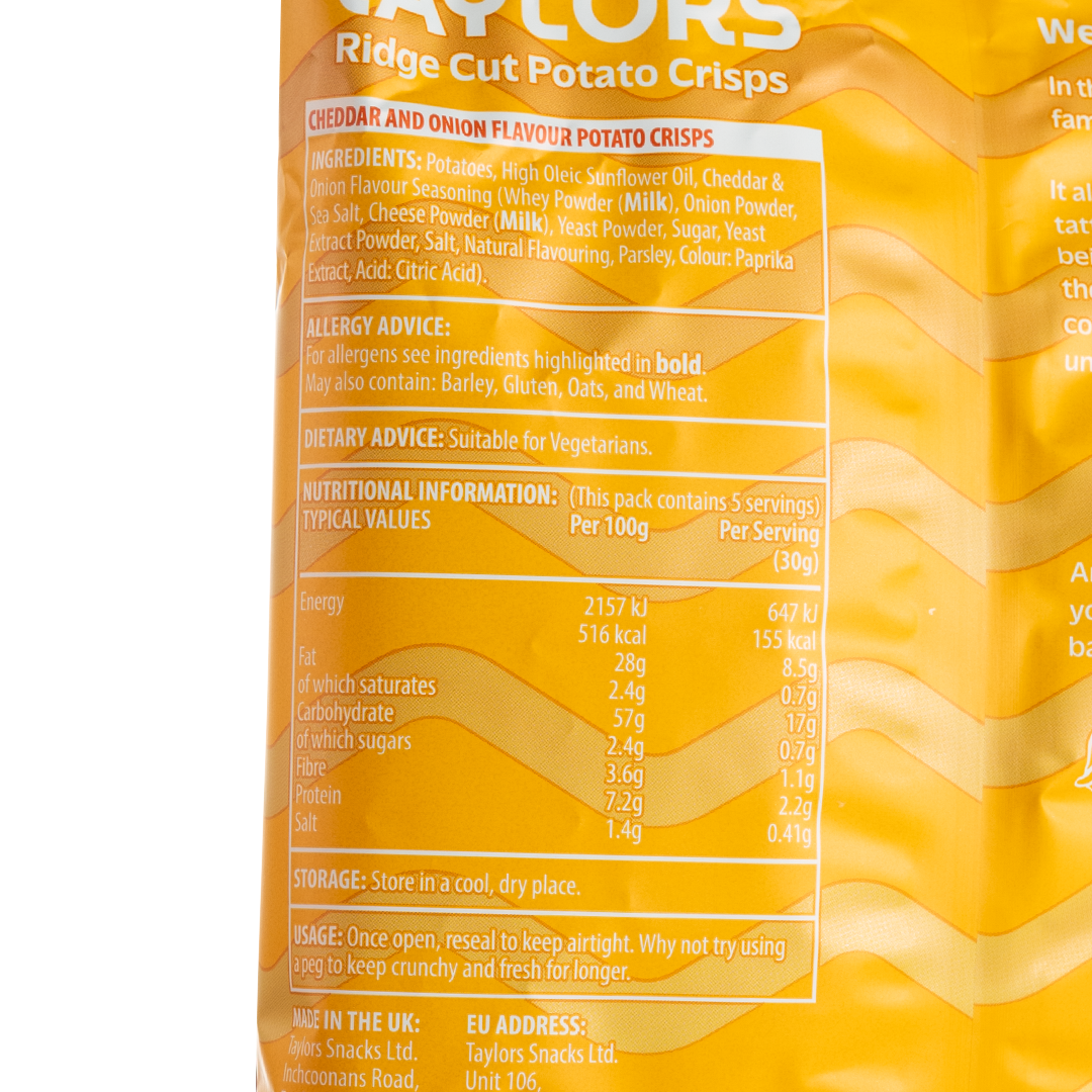 Taylors Cheddar & Onion Ridge Cut Potato Crisps 150g