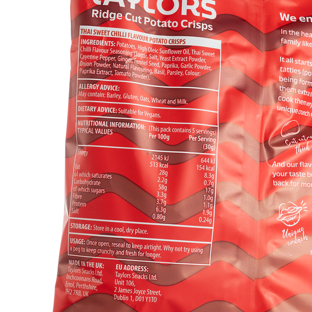 Taylors Thai Sweet Chili Ridge Cut Potato Crisps 150g