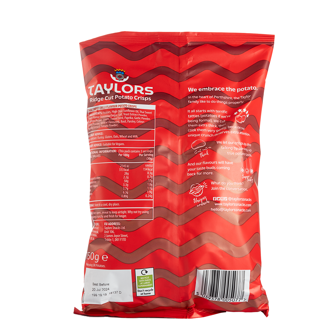Taylors Thai Sweet Chili Ridge Cut Potato Crisps 150g
