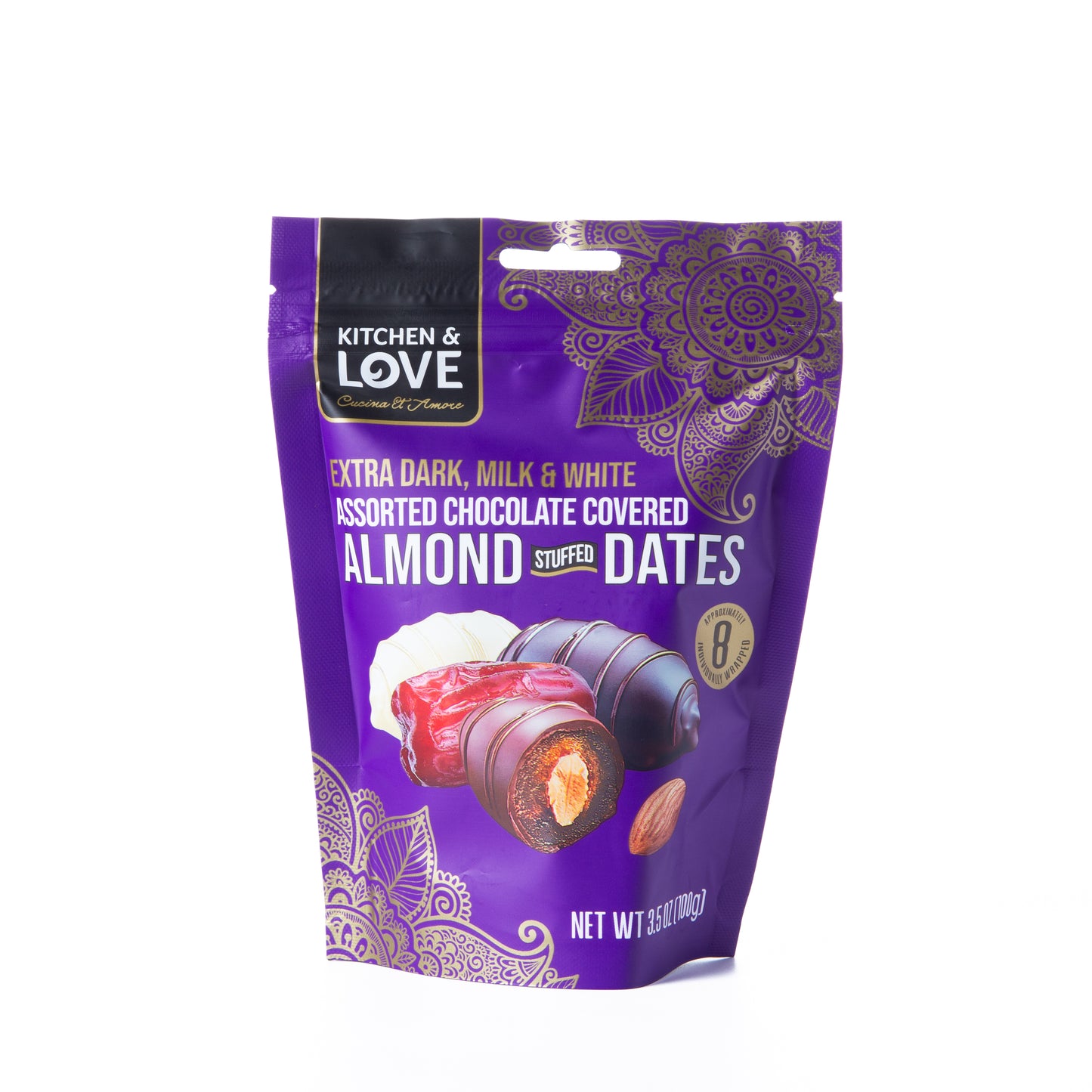 Kitchen and Love Extra Dark, Milk and White Assorted Chocolate Covered Almond Stuffed Dates 100g