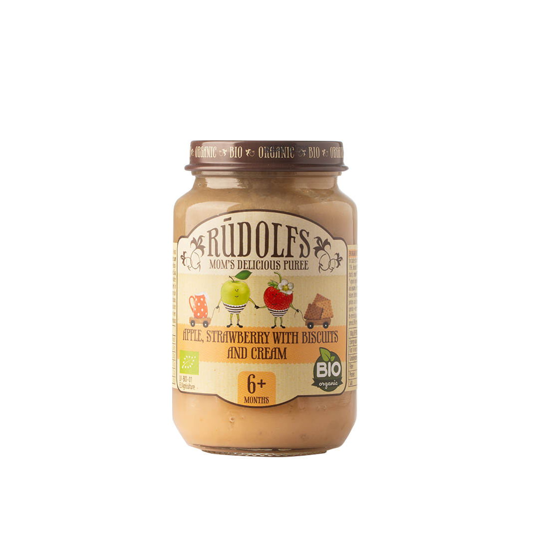 Rudolfs Organic Apple, Strawberry Puree with Biscuits 6+ Months Stage 2 190g