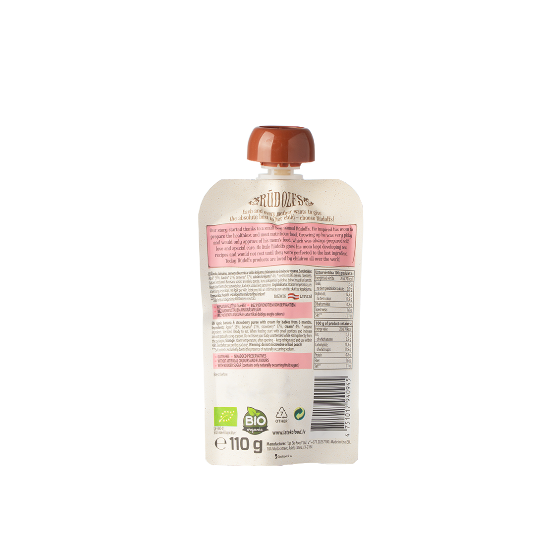 Rudolfs Organic Apple, Banana, Strawberry & Cream Puree 6+ Months Stage 2 110g