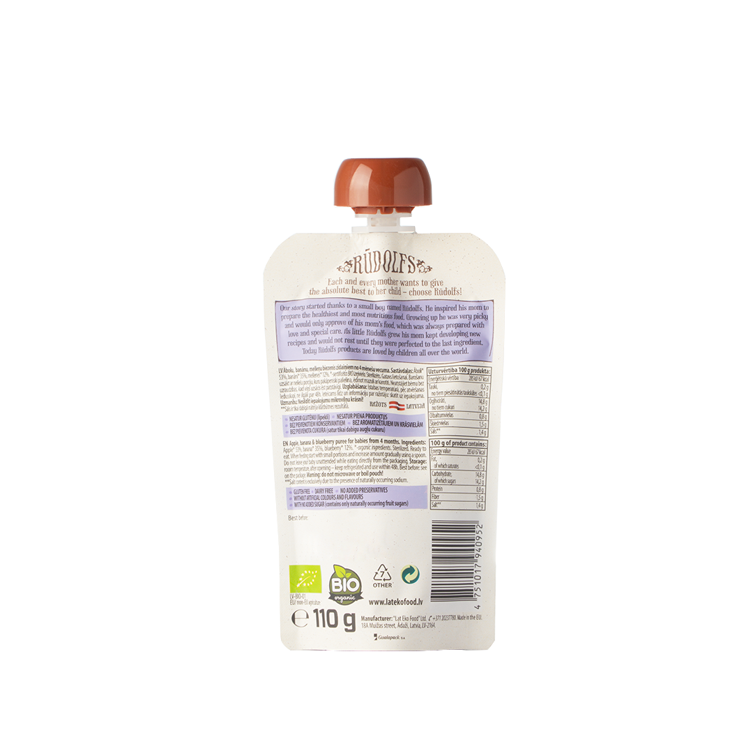 Rudolfs Organic Apple, Banana & Blueberry Puree 4+ Months Stage 1 110g