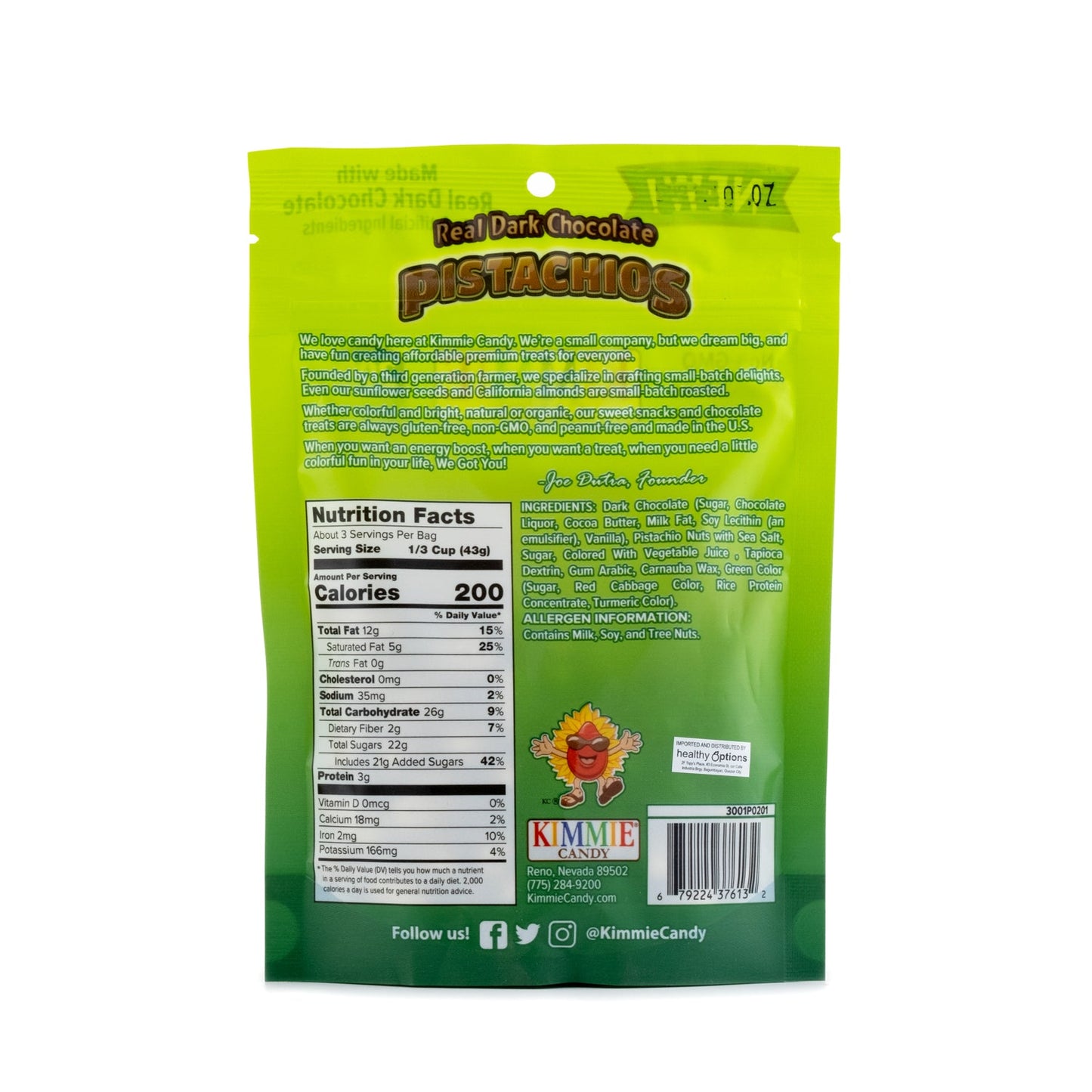 Kimmie Candy Natural Dark Chocolate Covered Pistachios 144g