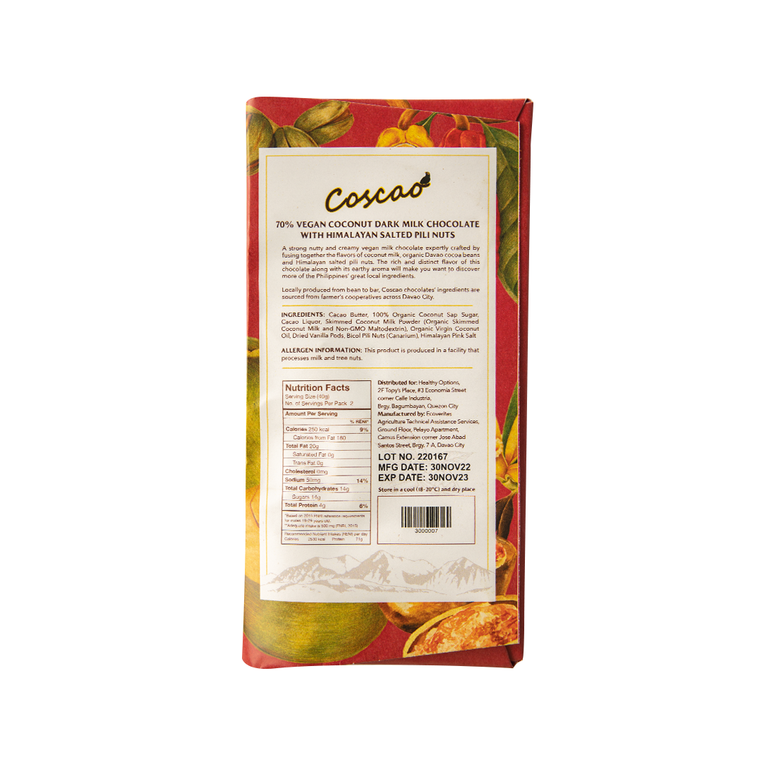 Coscao Vegan Coconut Milk Chocolate with Himalayan Salted Pili Nuts 70% Dark 80grams