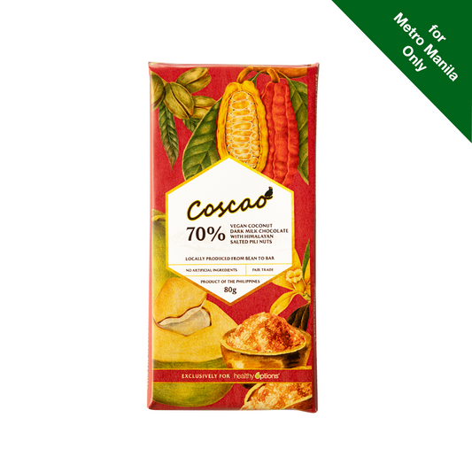 Coscao Vegan Coconut Milk Chocolate with Himalayan Salted Pili Nuts 70% Dark 80grams