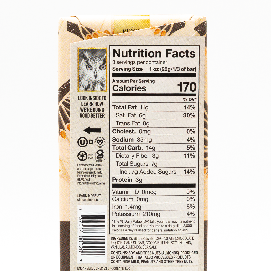 Endangered Species Chocolate Almonds Sea Salt + Dark Chocolate 72% Cocoa 85g