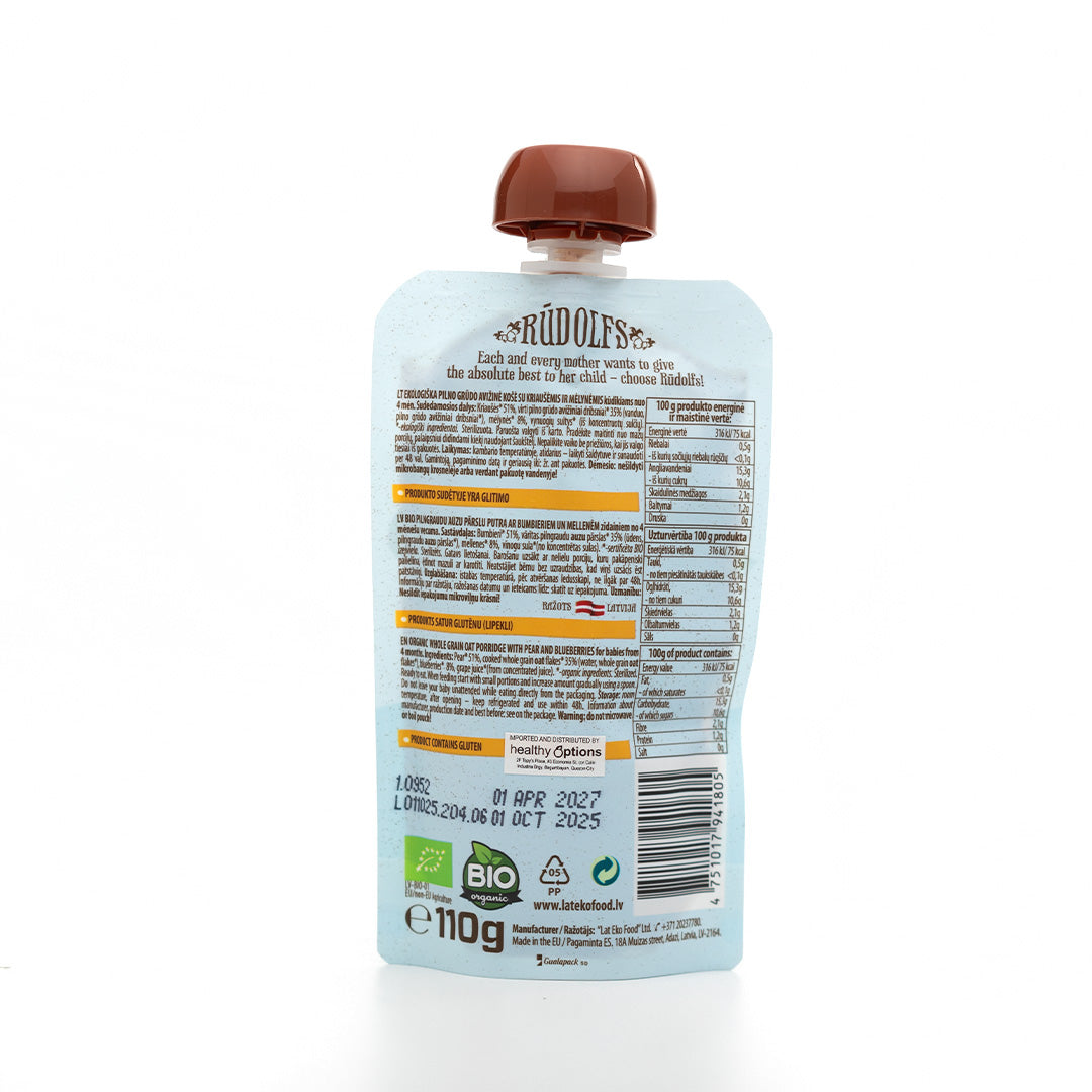 Rudolfs Organic Pear, Blueberry Oat Porridge 110g