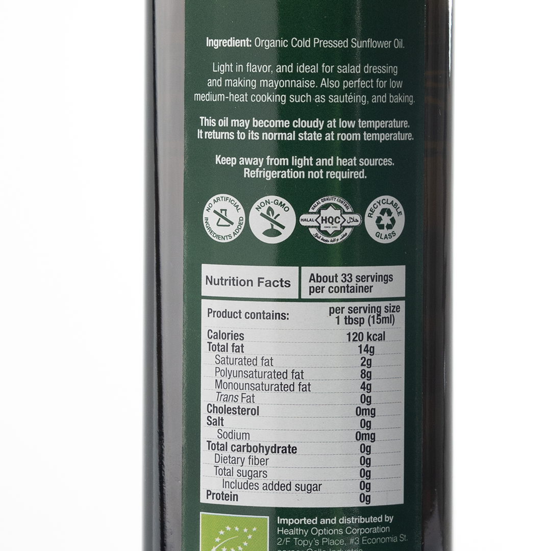 Healthy Options Organic Sunflower Oil 500ml
