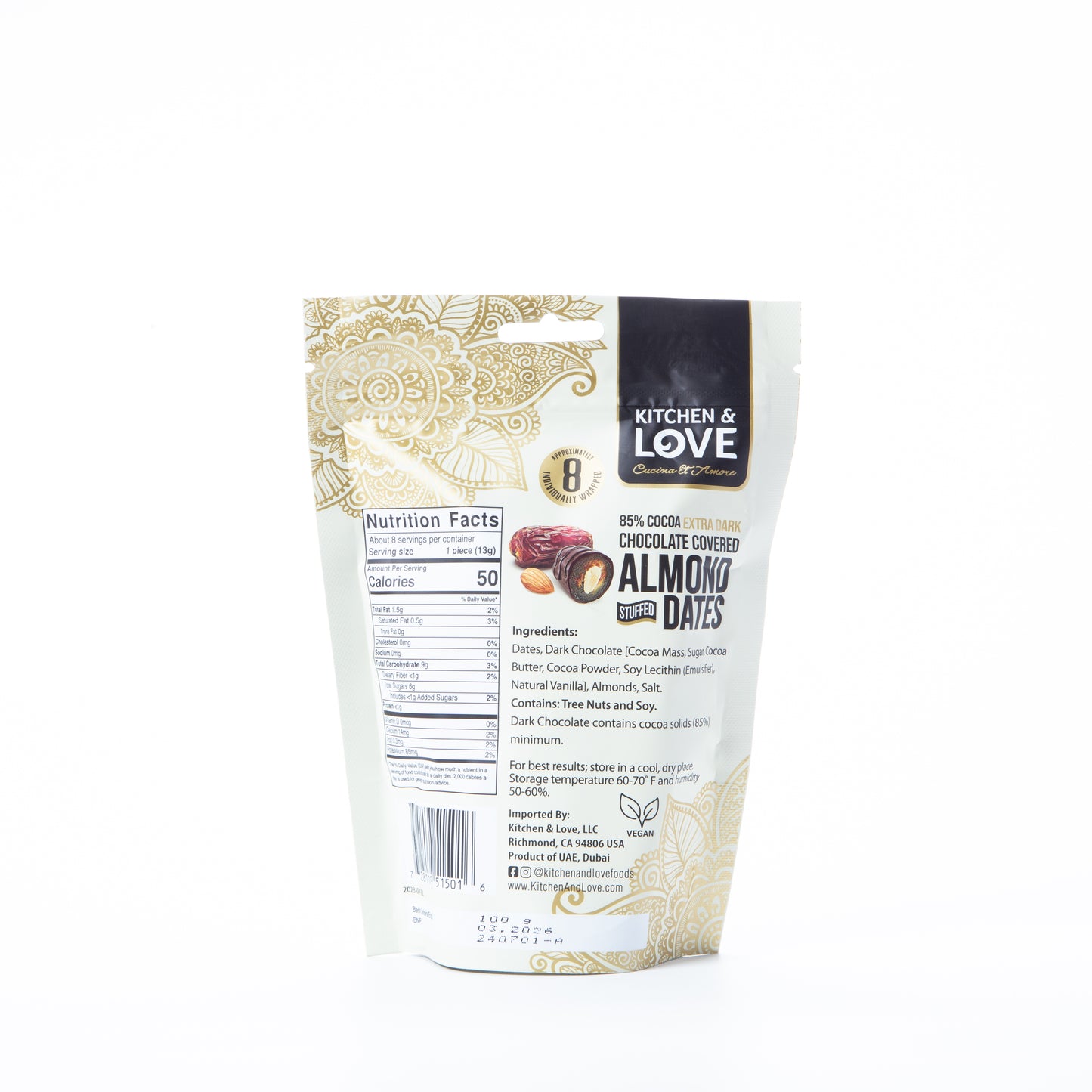 Kitchen and Love 85% Cocoa Extra Dark Chocolate Covered Almond Stuffed Dates 100g