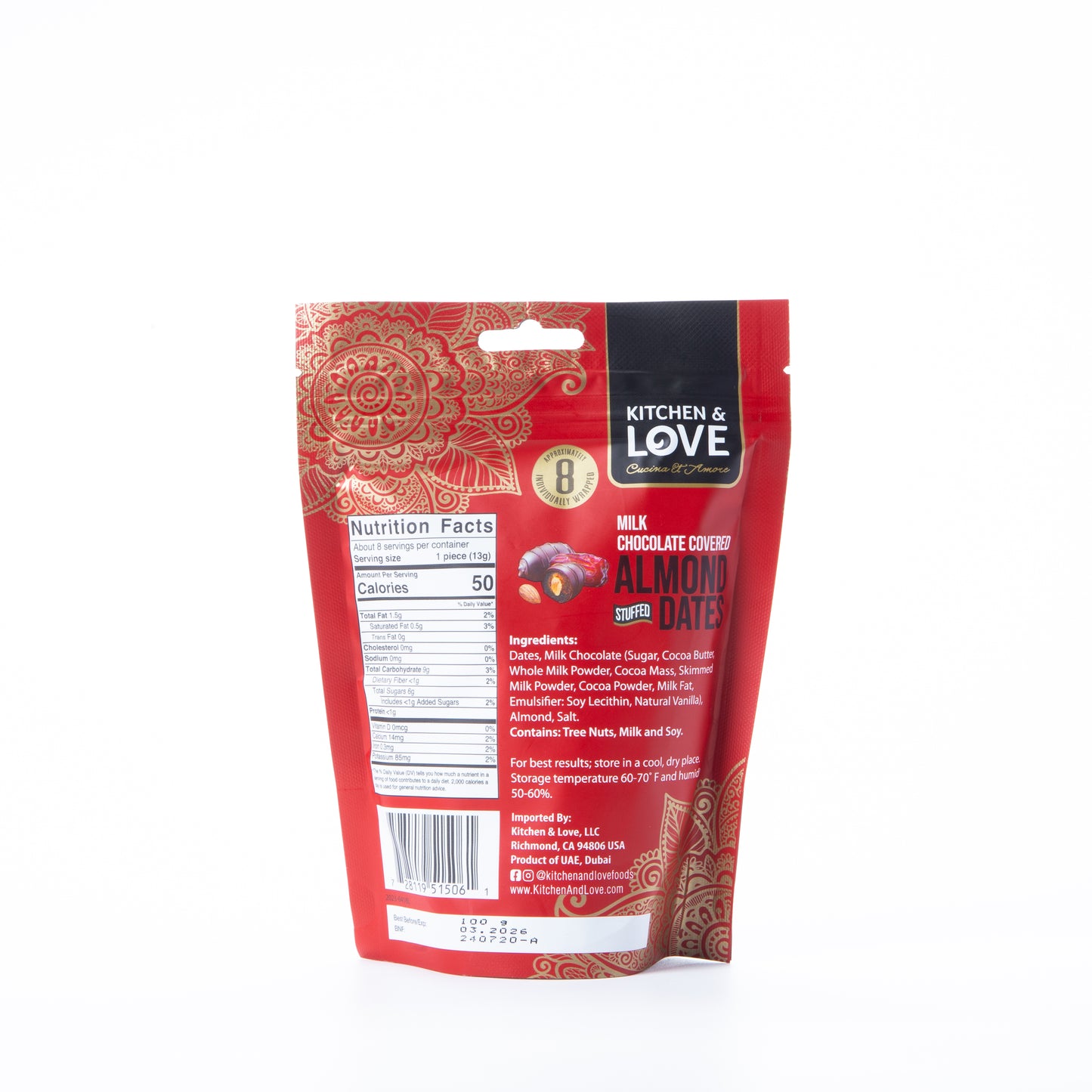 Kitchen and Love Milk Chocolate Covered Almond Stuffed Dates 100g