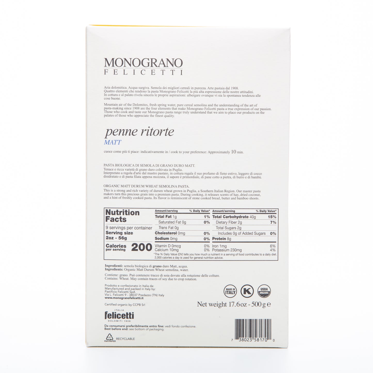 Monograno Pasta Penne Ritorte 500g