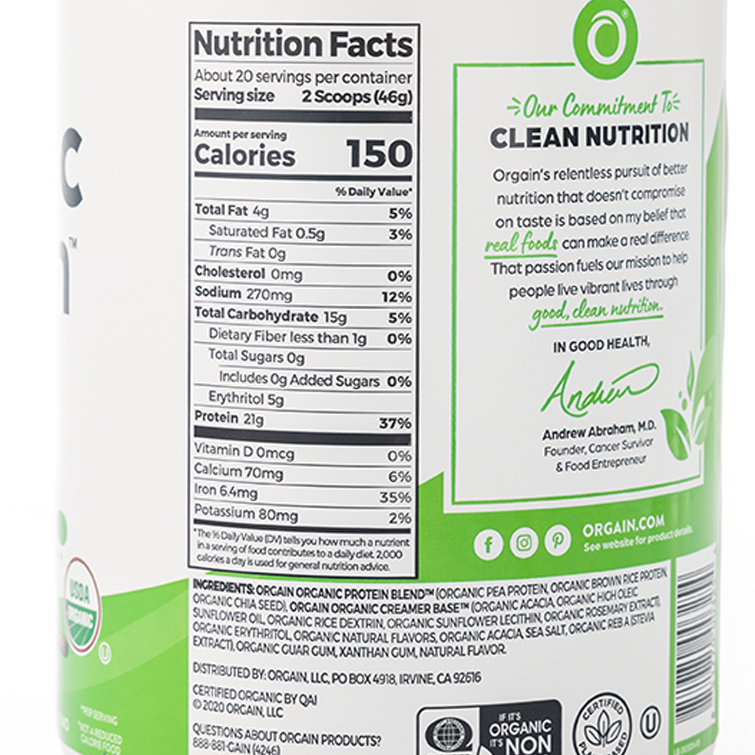 Orgain Label Orgain Plant-Based Organic Protein Powder Vanilla 920 Grams – Healthy ...