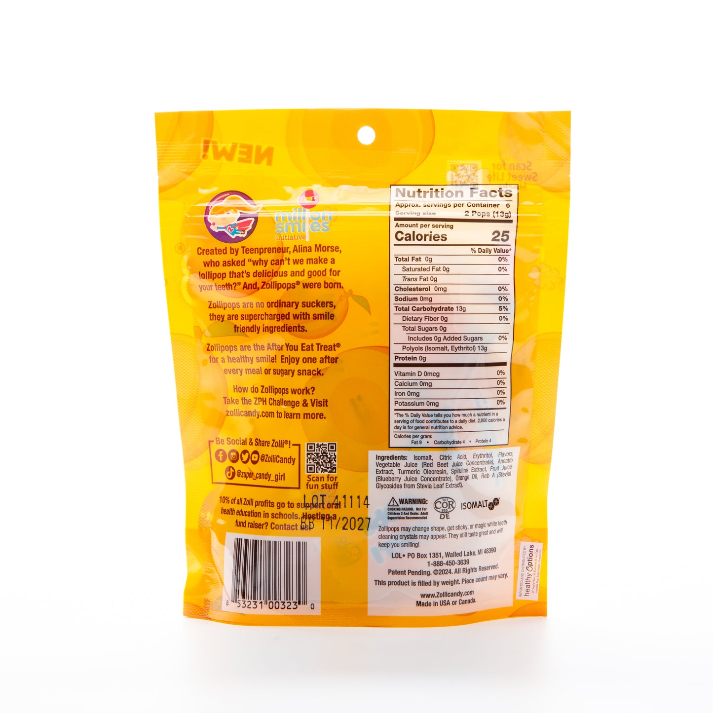 Zolli Pops Peach Sugar Free Lollipops 88g