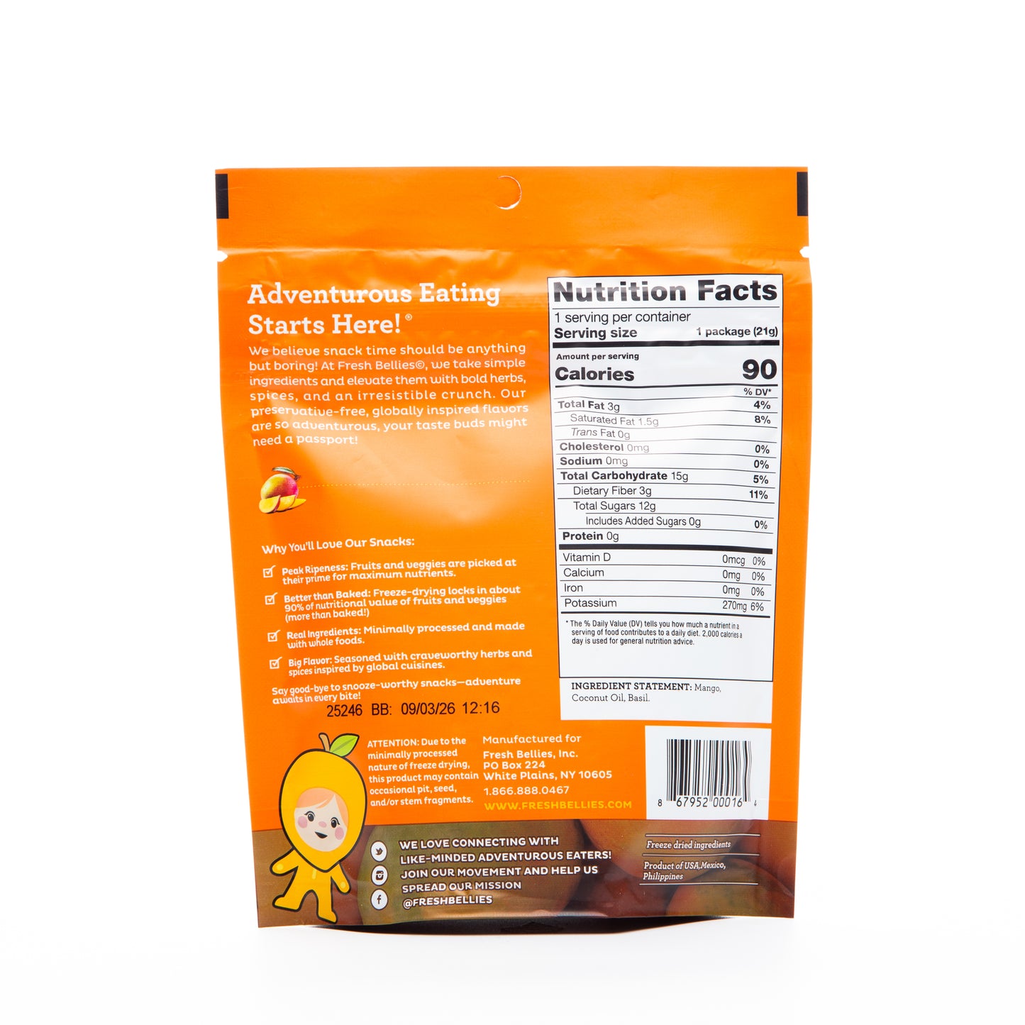 Fresh Bellies Two to Mango and Basil Freeze-Dried Snack 21g