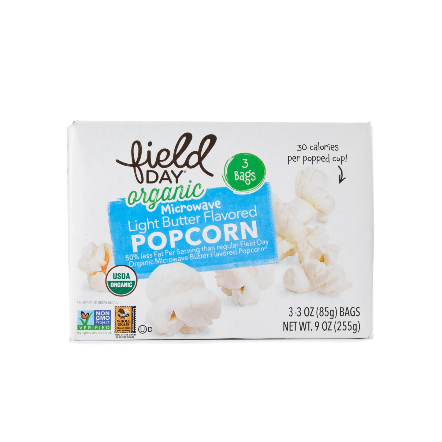 Field Day Organic Microwavable Light Butter Popcorn 255g  (3 x 85g bags)