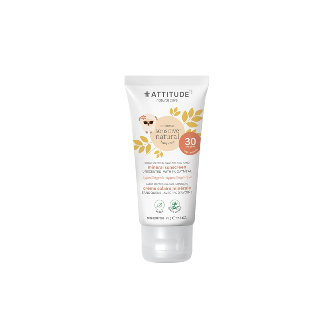 Attitude Sensitive Natural Baby Care Mineral Sunscreen Unscented with 1% Oatmeal SPF 30 75g