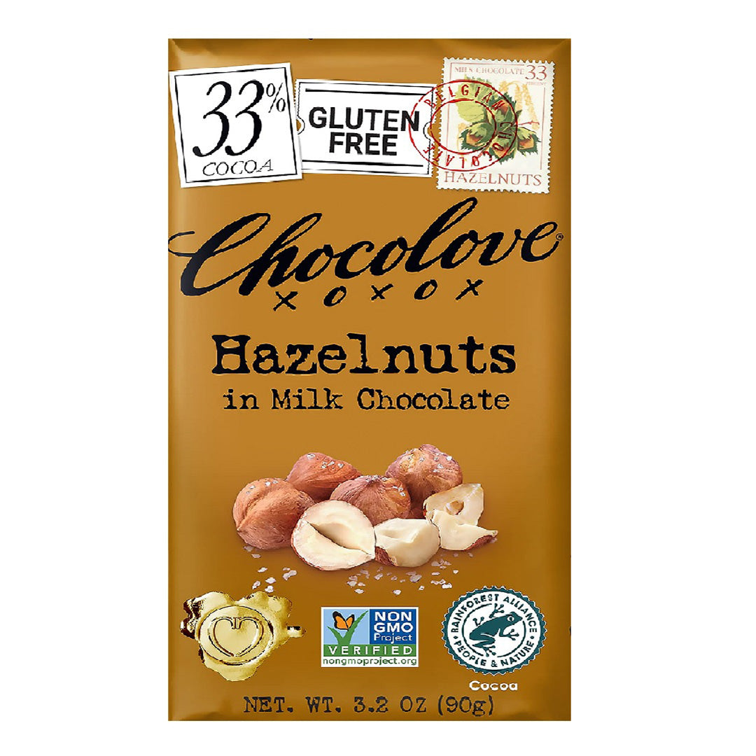 Chocolove Hazelnuts in Milk Chocolate Bar 33% Cocoa 90g